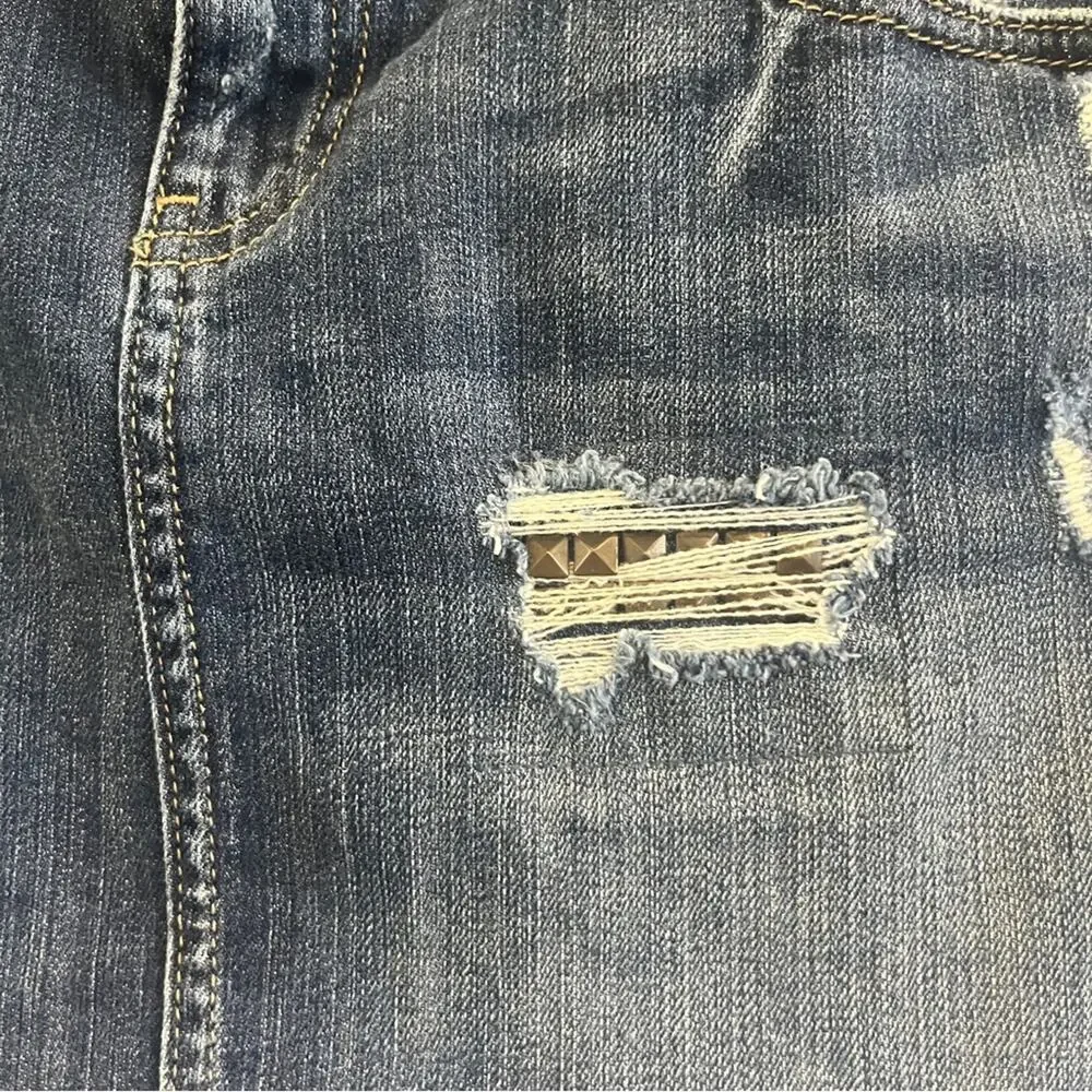 Lauren Conrad Denim Mini Skirt Size 8 Distressed Studded Raw Hem Short Blue Y2K